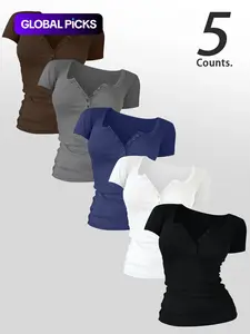 Women's Lady Casual Minimalist Plain Basic Short Sleeve Round Neck Top with Buttons, Casual Summer Top, Comfortable Fabric for Everyday Wear, Set of 5 Pieces