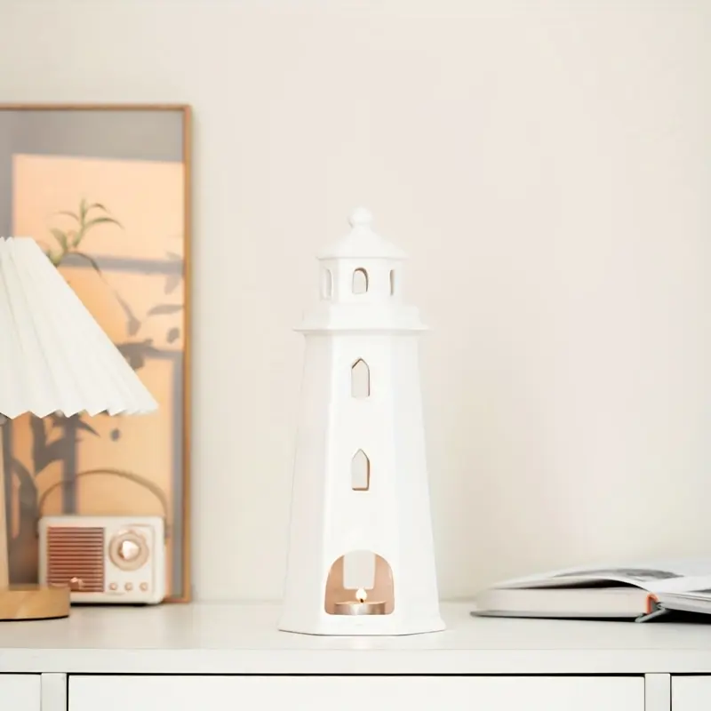 1pc Fashionable White Ceramic Nautical Lighthouse Candle Holder European Modern Style Maritime Theme Smooth Surface And Interior Easy to Clean Durable Taper Candle Holder for Tabletop Decor Living Room Balcony Entryway Essential Maritime Gift And Ho
