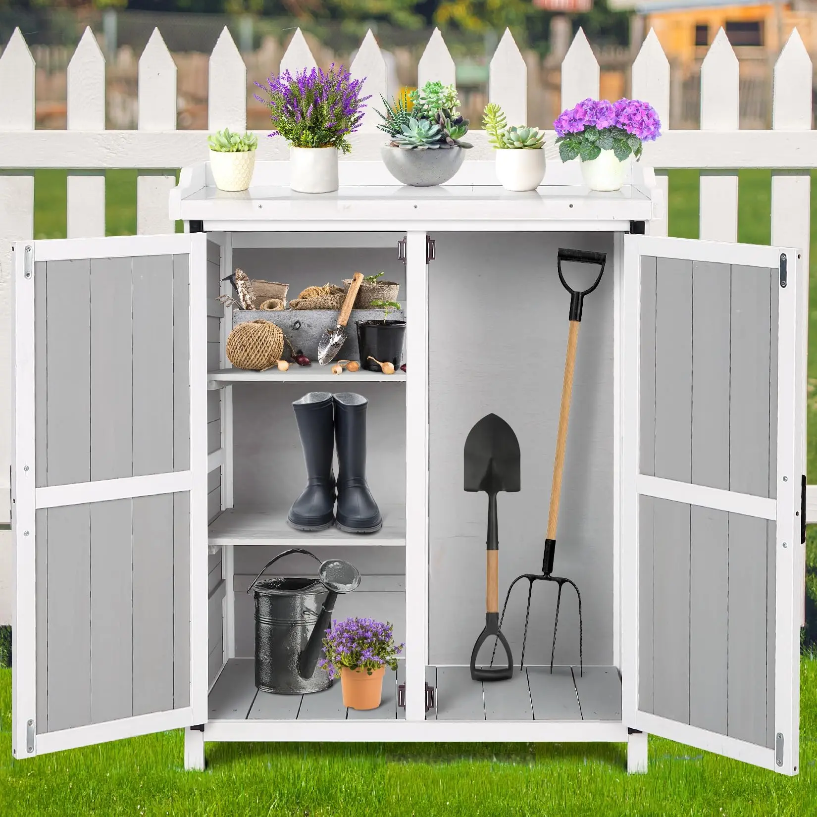 GARVEE Outdoor Cabinet with Metal Tabletop Garden Potting Bench Table, Outdoor Garden Patio Wooden Storage Cabinet with Adjustable Shelf Wooden Storage Cabinets Weatherproof for Garden Patio Lawn