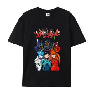 A casual t-shirt featuring the three main characters from *Neon Genesis Evangelion*: Shinji Ikari (center), Rei Ayanami (left), and Asuka Langley Soryu (right) – 100% cotton fabric, made in the USA, stylish street style.