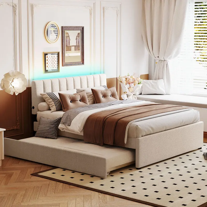 Queen Upholstered Platform Bed with Twin XL Trundle, Teddy Fleece LED Platform Bed Wood Frame with Headboard, No Box Spring Needed (Beige)