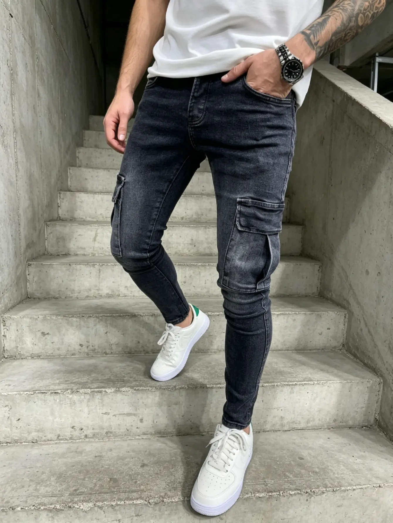 SRETOUU New Men’s Skinny Jeans Stylish Multiple Pockets Cargo High Street Men Stretch Denim Pants Streetwear Menswear Classic Black