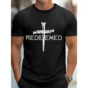 Four Seasons T-shirt, Redemption Cross Nails Faith in God Jesus - Men's Casual T-shirt - Graphic Print - Retro Fashion Round Neck, Men's Top Short Sleeve, Comfortable and Breathable Fabric - Suitable for Daily Outdoor Wear Streetwear Crewneck