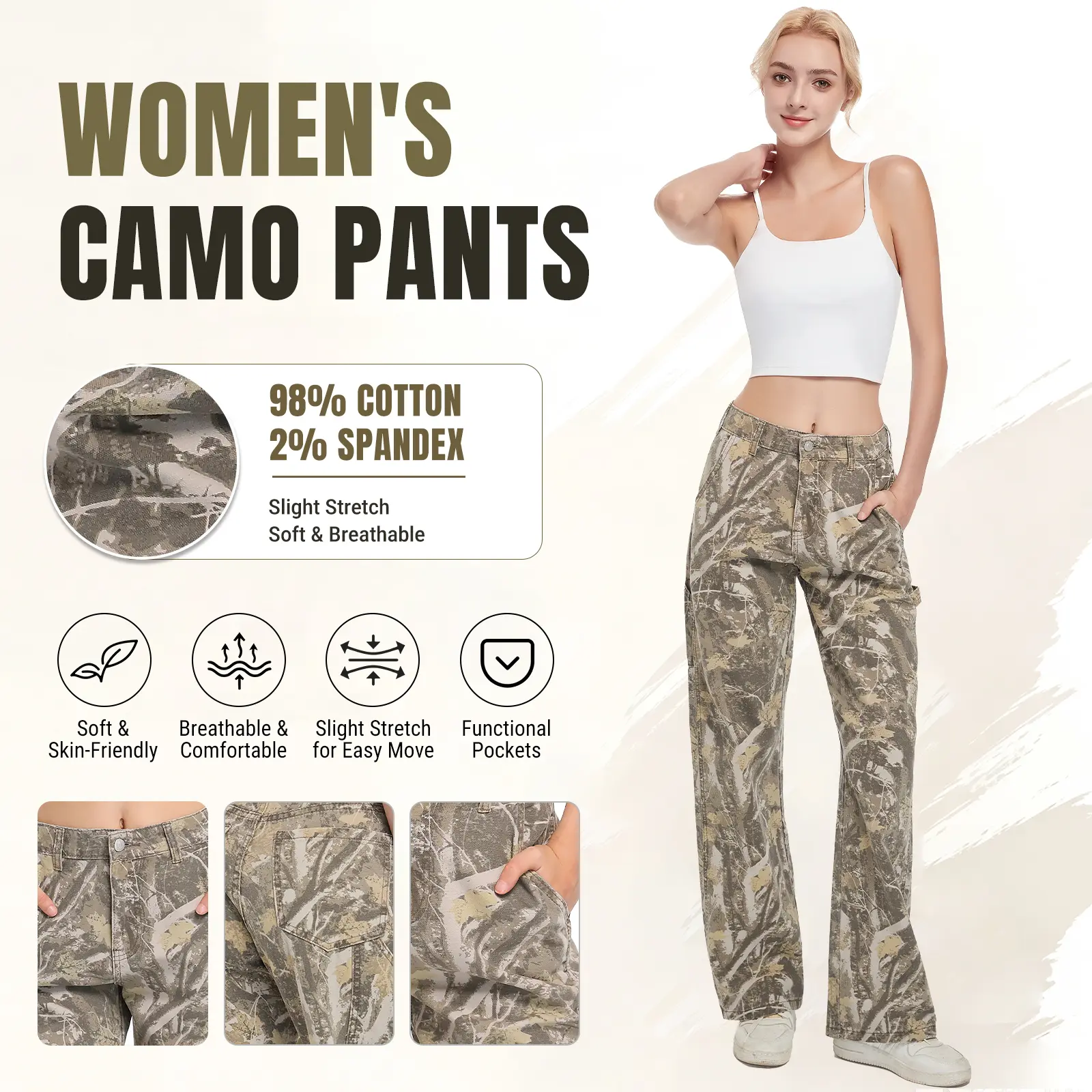 PinkyMoor Women's Retro Camouflage Cargo Pants, 98% Cotton Baggy Straight-Leg Trousers, Trending Low Rise Streetwear for a Party, Sizes S, M, L
