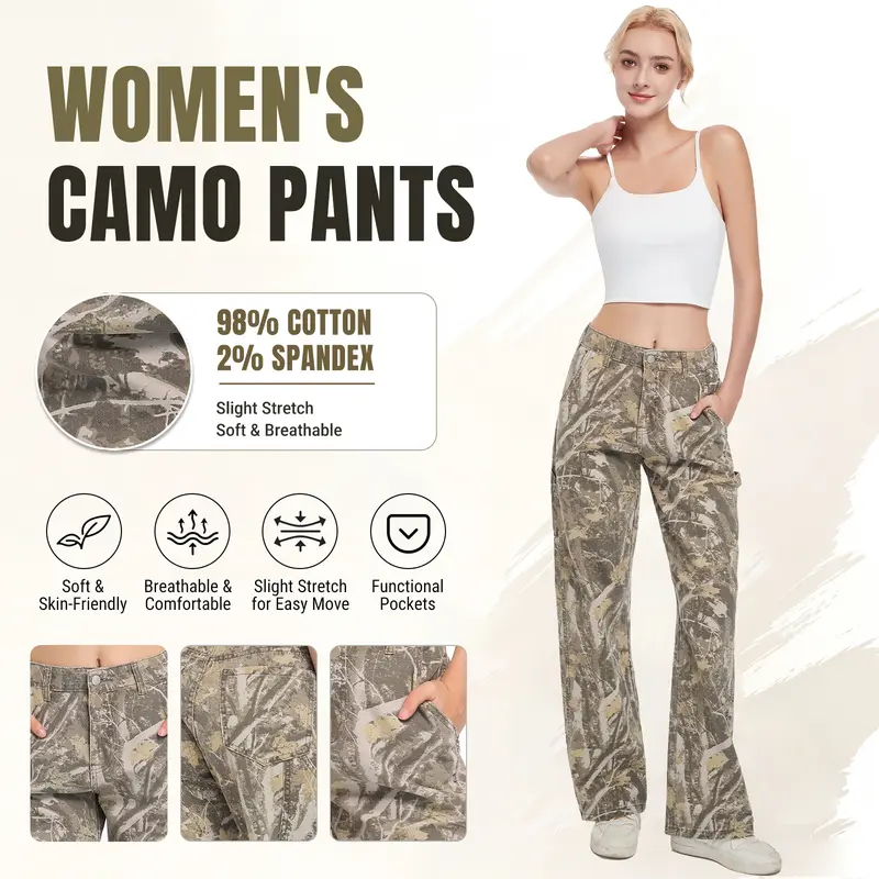 PinkyMoor Women's Retro Camouflage Cargo Bottoms - 98% Cotton Low-Rise Baggy H-Type Trousers, Lady's Casual Trendy Versatile Streetwear for Halloween, Christmas, Sizes S/M/L