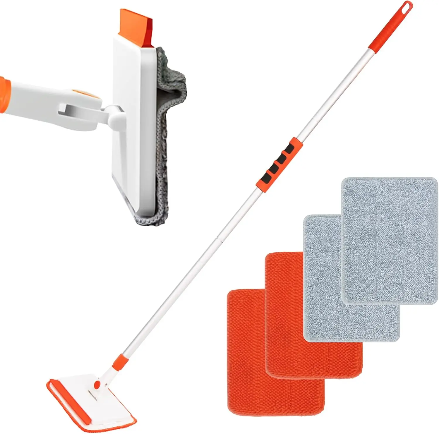 Wall & Baseboard Cleaner Mop Tool - 49 in Durable Long Handle, Rubber Brush Duster, 4 Replaceable and Machine-Washable Pads for Windows, Floors