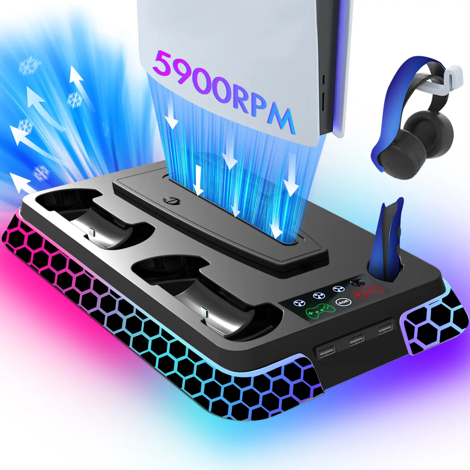 Ugame RGB Stand & Cooling Station for PlayStation 5 Consoles (Disc, Digital, Slim, Pro Editions) - Gaming Accessories with 3-Level Cooling Fans, Controller Charger, 3 USB Hubs, Gaming Items, Manufacturer Warranty, Manufacturer Warrenty