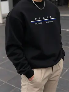 Men's Long Sleeve Round Neck Fleece Pullover Sweatshirt, Fashion Paris Letter Print Casual Warm Winter Top, Basic Style