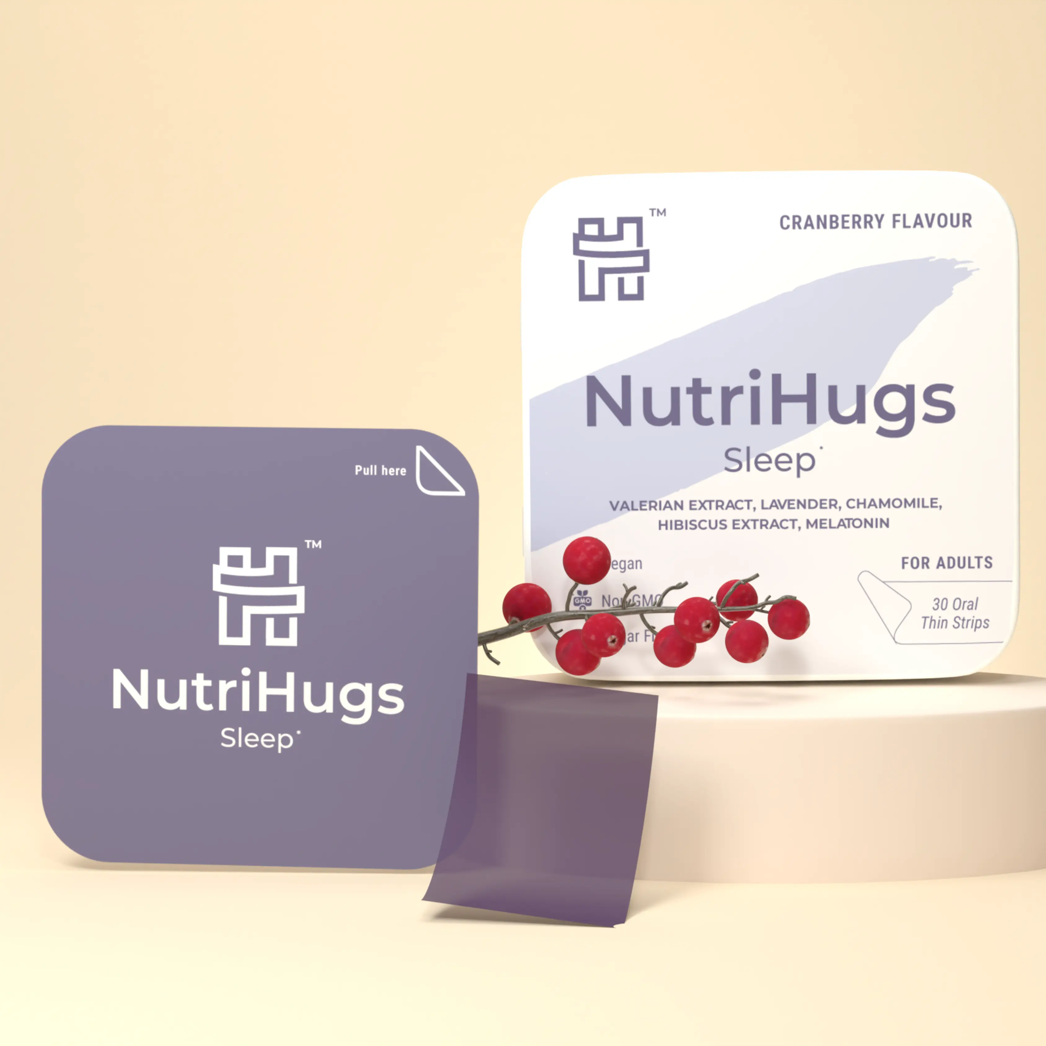 NutriHugs by MedHugs Organic Oral Thin Strips Multi-Pack - No Preservatives, Natural Drug-Free Plant-Based Sleep Aid, Supports Relaxation & Sleep Onset, 30 Cranberry Flavored Dissolving Melts, Vegan Dietary Supplement, Sugar Free, Gluten Free