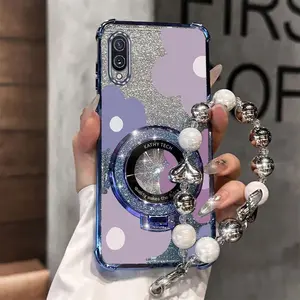 M02 Impact Resistant Transparent Magnetic Glitter Pearl Strap Lanyard Phone Holder Case For Compatible With Samsung Galaxy M02 Large Purple Flowers Stand Cover