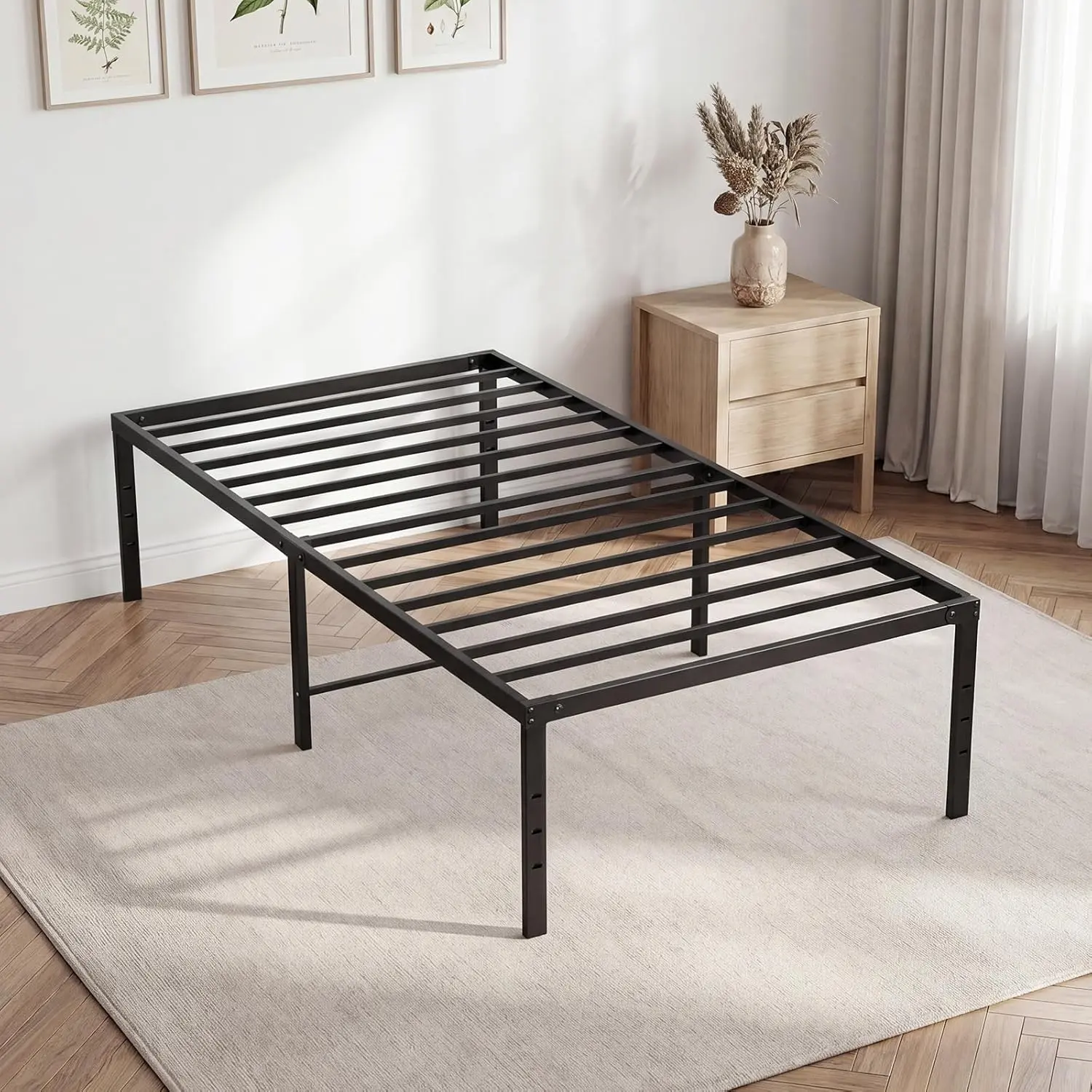 Twin Size 16 Inch Metal Platform Bed Frame, Heavy Duty Noise-Free Steel Slat Support, Underbed Storage, No Box Spring Required, Quick Easy Assembly