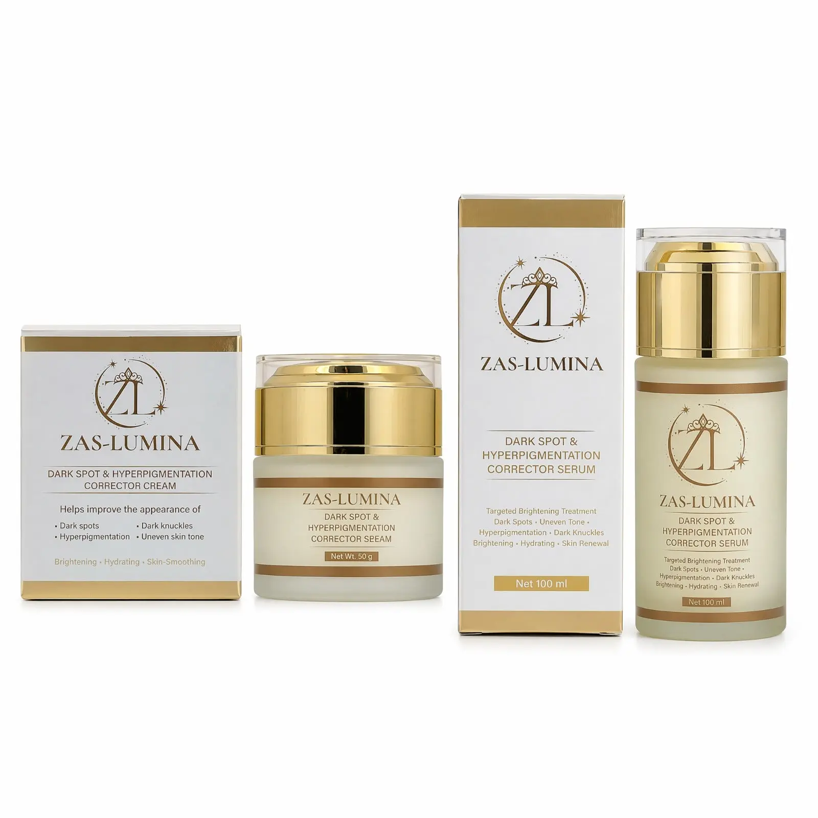 ZAS-LUMINA Dark Spot & Hyperpigmentation Corrector Set | 2-Piece Correcting Serum & Cream | Daily Face & Body Skincare for Dark Spots, Uneven-Looking Skin, Underarms, Inner Thighs, Elbows, Knees & Knuckles