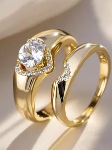 2 Pcs/set Luxury Cubic Zirconia Heart Signet Ring For Women For Wedding Engagement Party Jewelry Valentine's Day Gift