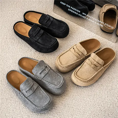 Women's & Men's Backless Faux Suede Penny Loafer Mules - Footwear, Mules Clogs, Flat Heels, Thick Padded Cushioned Insole, All-Day Comfort, Retro Old Money Aesthetic, Casual Wear (Indoor/Outdoor Use)