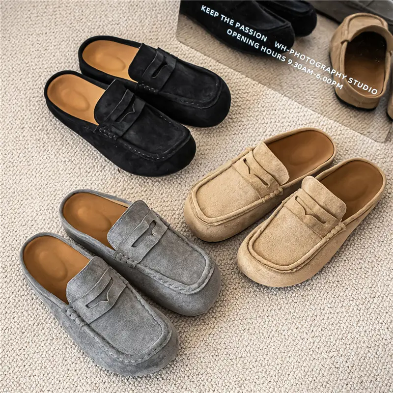 【Order Size Up】Backless Penny Loafer Mules For Women Men Faux Suede Slip On Mule Slippers, Thick Padded Cushion Insole All Day Comfort Retro Old Money Aesthetic Flat Shoes, Indoor Outdoor Daily Travel Shopping Casual Loafer Slides