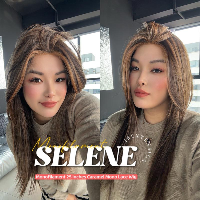 JBEXTENSION SELENE MONO Monofilament Handmade Wig 6X5 Full Monofilament Hand Tied Top Wig 25 Inches Caramel Mono Lace Wig With Anti-slip Silicone Strips Glueless Wig SELENE MONO【BENDY EAR TABS】