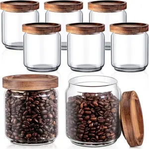 8-Piece 15 fl oz Stackable Glass Food Storage Jar Set, Airtight Food Organization Containers with Wood Lid, BPA-Free Kitchen & Pantry Food Organizers for Coffee Beans, Cookies, Nuts, Spices, Snacks & Tea, Kitchen Utensils for Food