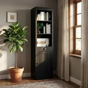 71" Tall Bookcase with Drawers & Doors, 3-Tier Open Bookshelf with Adjustable Shelves, Slim Storage Cabinet for Living Room, Office, Bedroom, Bathroom, Black