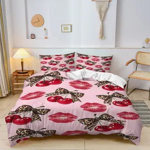 2/3 Pcs Set Of Red Cherry Leopard Print Printed Duvet Cover Set, (1 Duvet Cover and 1/2 Pillowcase, Both Without Filling Core). A Soft and Comfortable Bedding Set Is an Ideal Choice for Home Bedrooms, Dormitories, and Hotel Rooms.