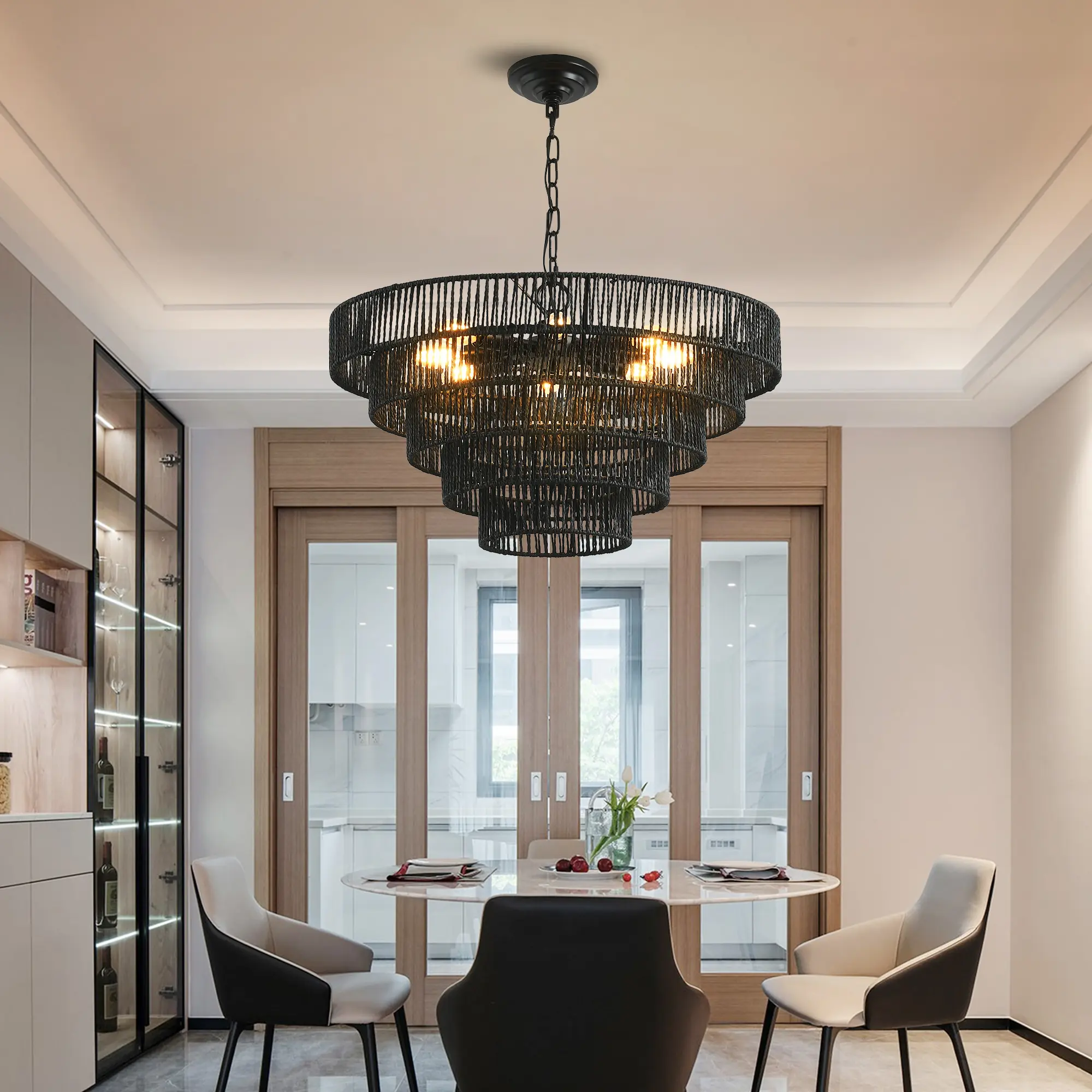 Black Hemp Rope 5-Tier Handmade Industrial Retro Multi-Tiered Chandelier - 8 E12 Sockets, UL Listed Hard-Wired Indoor Pendant Light, Boho Farmhouse 5-Layer Structure Ceiling Fixture with Manual for Dining Room, Kitchen (Bulb Not Included)