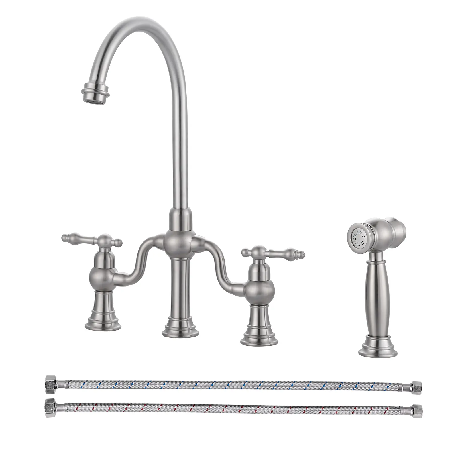 WOWOW Brushed Nickel Double-Handle High-Arc Widespread Deck-Mounted Brass Kitchen Faucet - Decorative Bridge Faucet, Side Spray, Ideal for Kitchen Counters, Carefree Washing, Enhanced Durability, Bridge Faucets