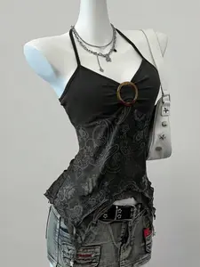 EZwear Goth Top Paisley Print Backless Halter Neck Blouse For Women, Sexy Top