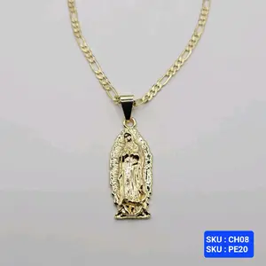 Virgin Guadalupe pendant chain figaro diamond cut style 18 Inches 3 Millimeters smal adult and teens Laminated Gold Jewelry