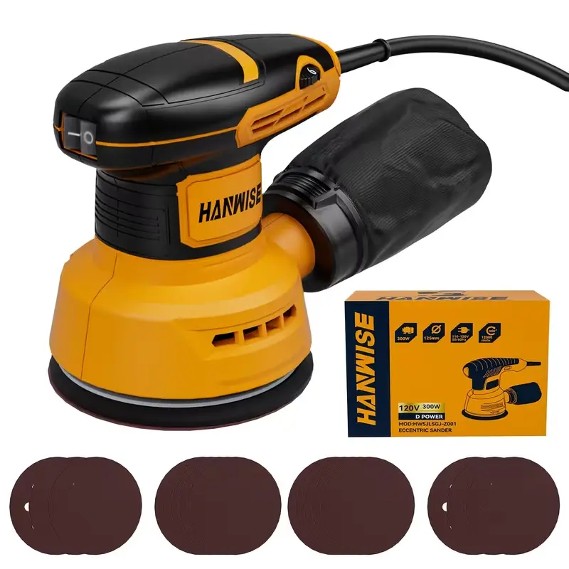 HANWISE 5-Inch Random Orbital Sander 300W 12000RPM Electric Palm Sander, 6 Variable Speeds, With 16pcs Sandpaper & Detachable Debris Bag, Power Sander For Woodworking, Sanding & Polishing