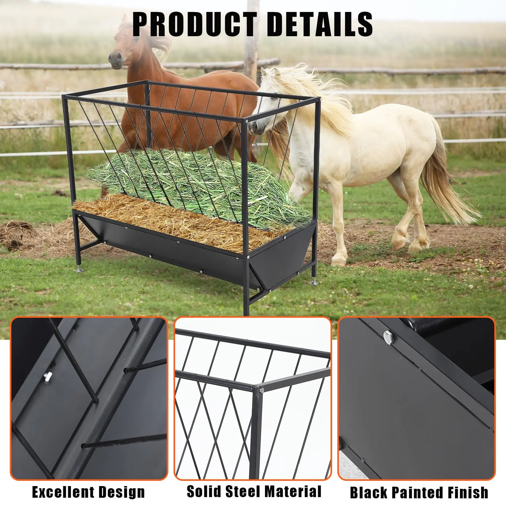 YJ-Garvee Heavy Duty Hay Feeder, 2 in 1 Livestock Feed Trough with Removable Grain Pan, Q235 Steel Cattle Feeder for Sheep, Calf, Cow & Horse (Black)