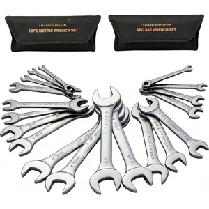 Thin Open End Wrench Set |  Wrench Set with Rolling Pouch | 19- SAE & Metric | CR-V Steel | 1/4" to 1-1/16" & 5.5mm to 27mm for Mechanics