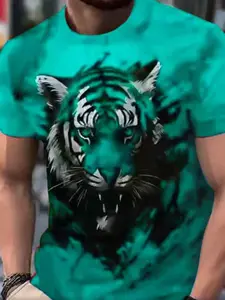 Men's Summer Casual 3D Lion T-Shirt, Lightweight Polyester, Round Neck, Short Sleeve, Dynamic Color Design