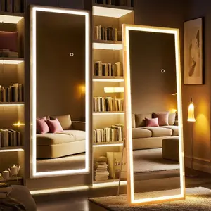 60×16-81×34 Mirror Full Length Standing with LED Lights, LED Full Body Mirror with Lights, Full Body Dressing Standing, Hanging Mounted Mirror for Living Room Bedroom Cloakroom, Square Black