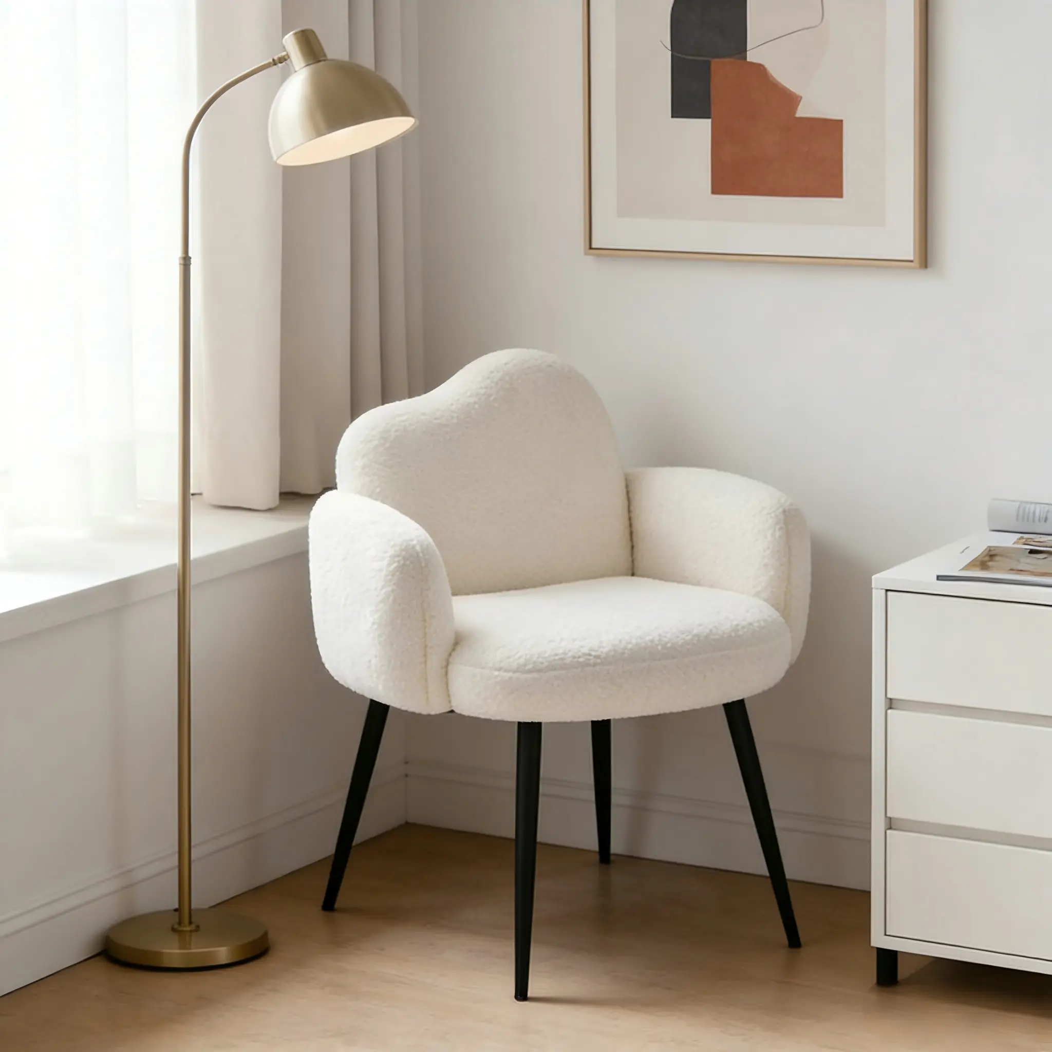 Virplik White Fluffy Vanity Chair with Arms, Cloud Backrest Faux Fur Teddy Accent Chair with Black Metal Legs for Bedroom, Makeup Desk WFH Office Use