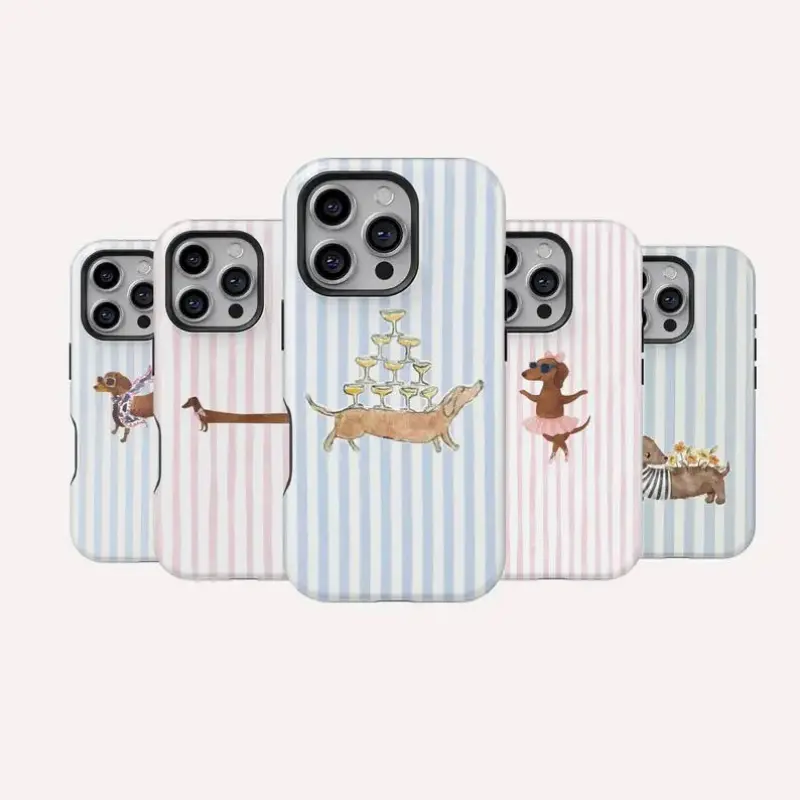 Striped Cute Dachshund Wiener Dog Glossy Shockproof Durable Protective Phone Case Lovely Pet Animal Aesthetic Cover Compatible With iPhone 17 16 15 14 13 12 11 X Samsung and other smartphone models ideal thoughtful holiday birthday gift for pet loving