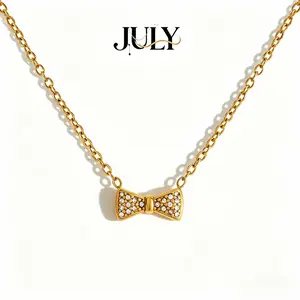 JULY Dainty Bow Rhinestone Necklace, Hypoallergenic No‑Fade Stainless Steel, 24/7 Wear, Ideal Gift For Her #BowNecklace #DaintyJewelry #HypoallergenicNecklace #NoFadeJewelry #WaterproofJewelry #LayeringNecklaces #GiftForHer #StainlessSteelJewelry