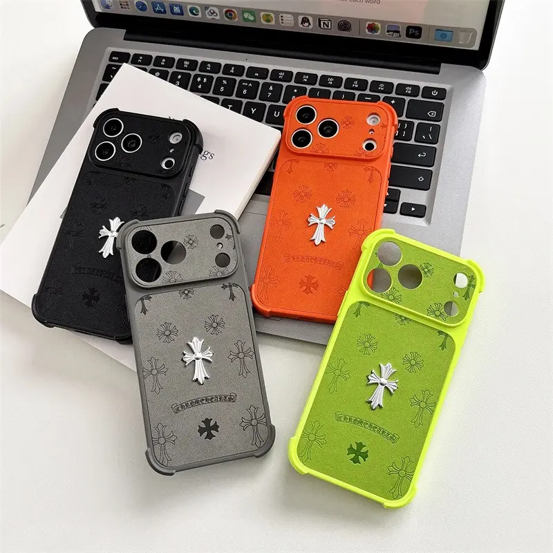 3D Metal Cross Embossed Leather iPhone Case, Corner Shockproof Bumper Full Camera Protection Gothic Punk Style Shockproof Phone Cover for iPhone
