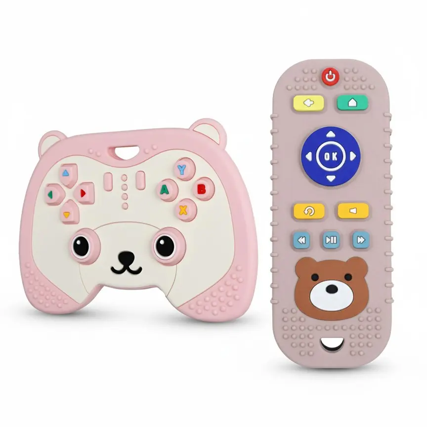 Cute Remote Control Shape Teether & Game Controller Shape Sensory Teether, 2 Counts/set Silicone Teething Toys, Baby Soothing Teether, Baby Tactile Training Toy, Teething Relief Set, Gifts