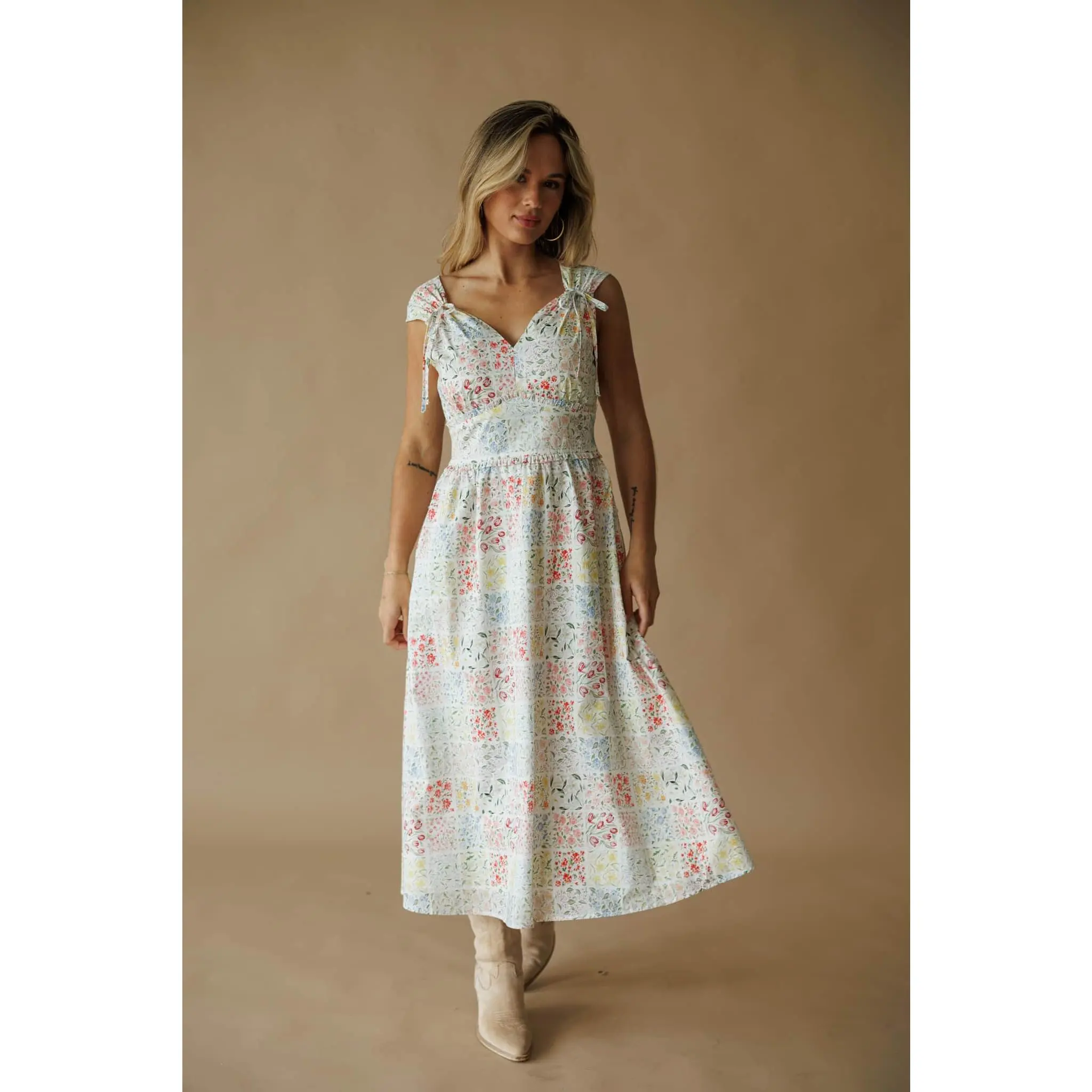 Women's Cottagecore Midi Dress with Floral Print, Soft 100% Cotton Fabric, Casual Lined Piece for Garden Parties, Farmers Markets, Romantic, Pastoral Aesthetics, Polyester
