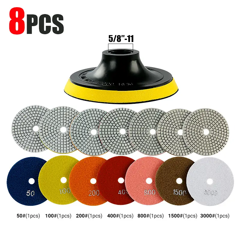 8PCS/Set 4" Diamond Polishing Pads Kit - Wet Grinding Discs for Granite, Marble, Concrete & Stone - 5/8-11 Angle Grinder Professional Tool Set Quartzi