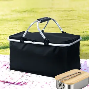 Foldable Portable Nylon Picnic Bag, Insulated Lunch & Food Cooler Bag, Lightweight Outdoor Travel Bento Bag, Thermal Insulation Picnic Basket & Ice Bag for Camping, Hiking, Beach & Outdoor Activities