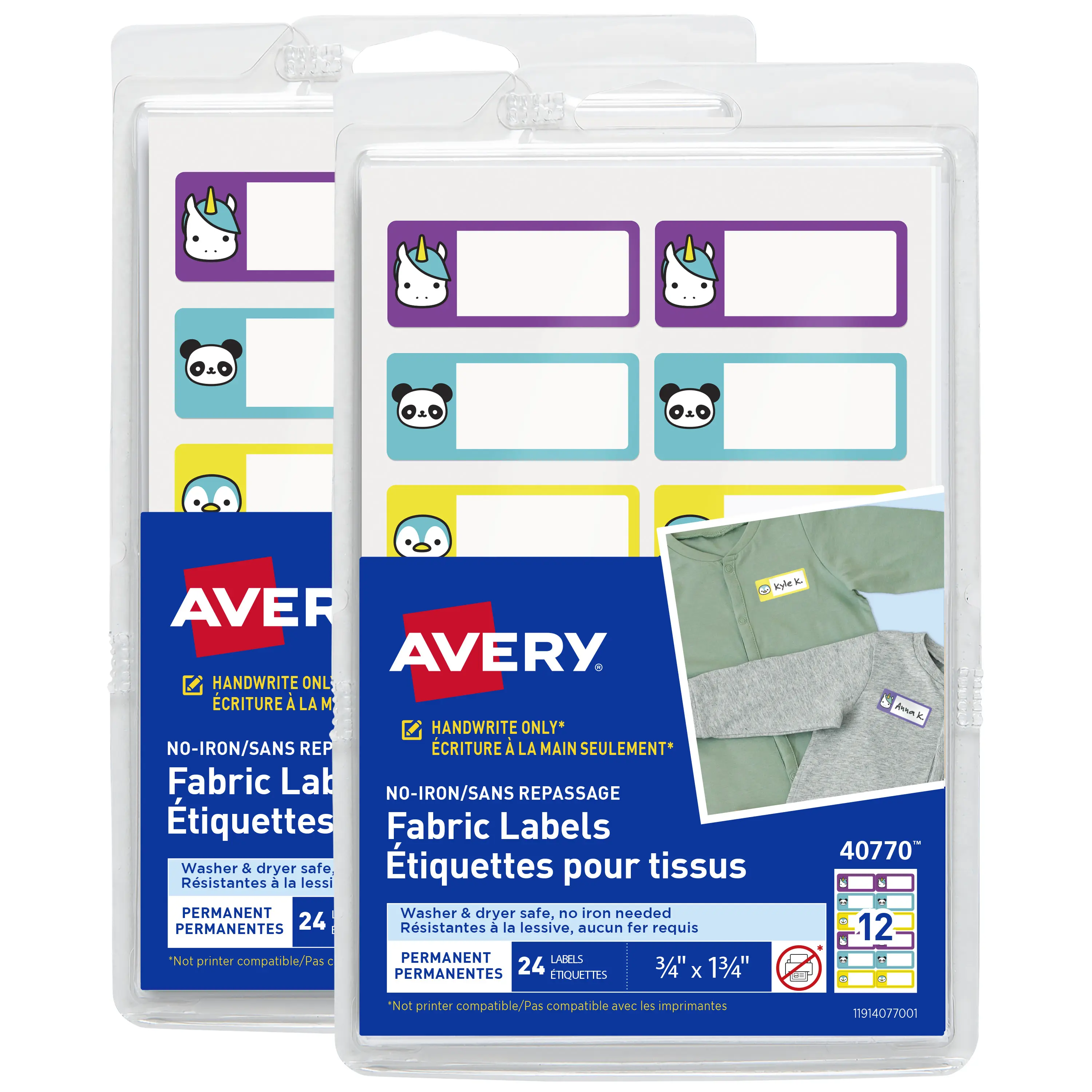 Avery No-Iron Fabric Name Labels, Cute Animals Preprinted Designs, Handwrite-Only, 2-Pack, 48 Preprinted Labels (21958)