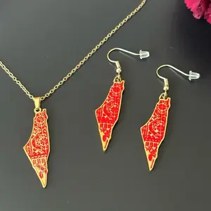 Palestine Map Necklace and Earring Set with Red Tatreez Pattern Palestinian Embroidery Jewelry Cultural Heritage Gift for Her