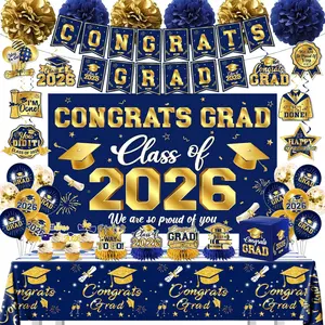 Graduation Decorations 2026 Sky Blue and Gold Class of 2026 Banner Congrats Grad Backdrop Tablecloth Balloons Hanging Swirls Honeycombs Cupcake Toppers Box