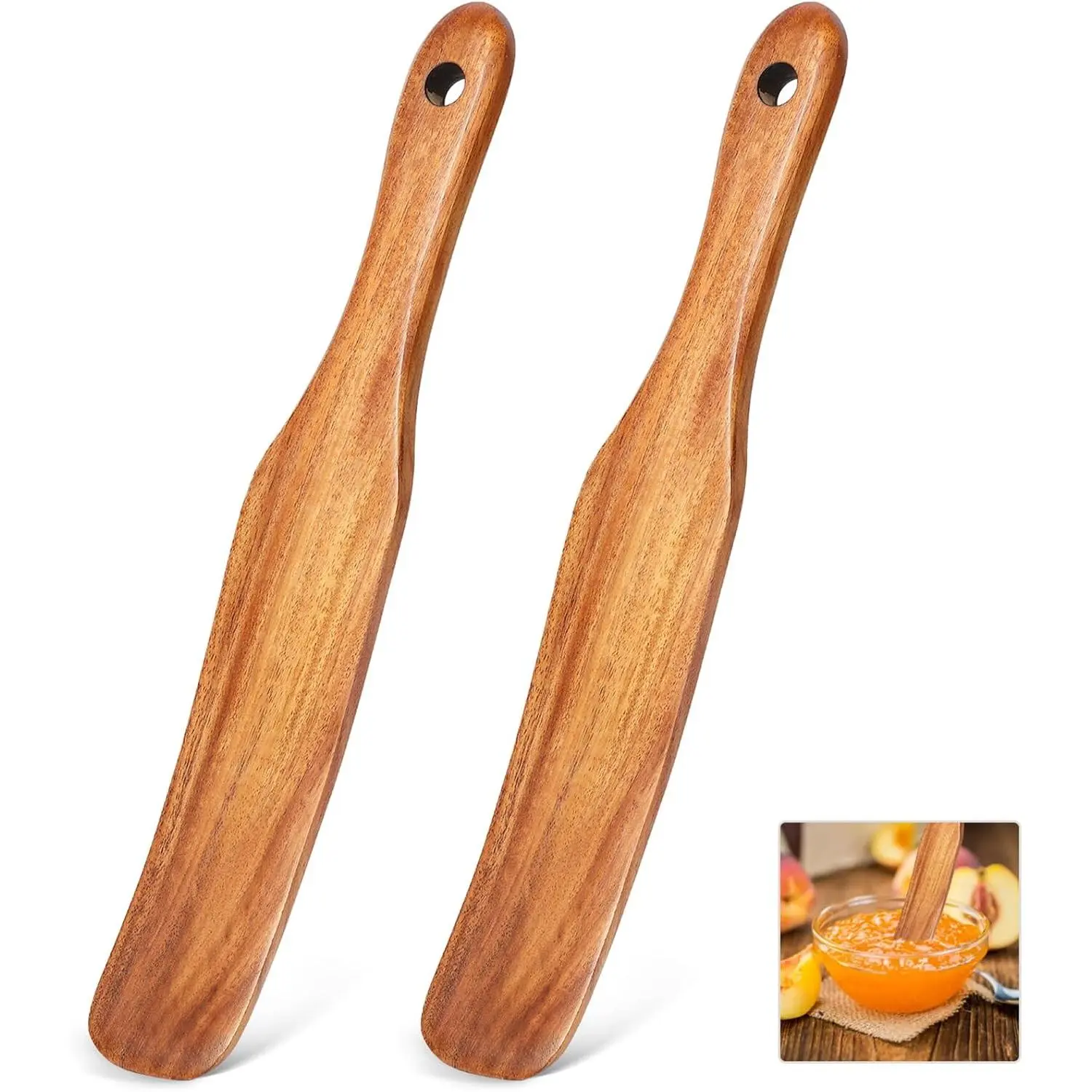 2 count Spurtle Spatula for Sourdough Starter, Mixing, Cooking & Baking - Teak Kitchen Utensil for Non-Stick Cookware, Jars & Bread Dough - Wooden Spurtle for Sourdough Starter