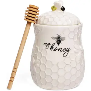Ceramic Honey Jar with Wooden Honey Dipper-Farmhouse Kitchen Decor-Tea Accessories