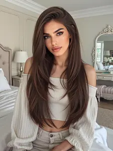 22 Inch Brown Long Layered Straight Wigs for Women, Gorgeous Fluffy Wigs without Bangs, Synthetic Lace Front Wigs for Party, Daily Use, Natural Looking Wigs, Lace Frontal, Synthetic Hair Wig