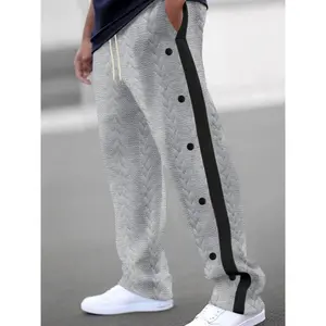 Men's Textured Contrast Binding Fake Buttons Design Drawstring Waist Pants, Casual Breathable Comfortable Slant Pocket Straight Leg Trousers for Daily Wear, Men's Bottoms for All Seasons