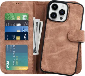 Compatible with iPhone 13 Pro Max Wallet Case - Detachable Flip Folio Cover - RFID Blocking 4 Card Slots Holder - Premium PU Leather Magnetic Kickstand - Protective Phone Case 6.7",Brown Color