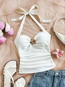 Halter tie cami top with metal flower decor and ruched detailing, Fit.Mix of French retro & vacation girly vibe, your go-to beach seaside essential.Perfect for daily outings, dates and music festivals.