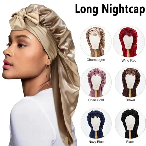 AWAYTR Women's Satin Hair Bonnet Hat for Adults - 1 Pc Light Pink Double-Layered Elastic Long-Shape Breathable Fabric, Convenient Tie Band, Storage-Friendly, Roomy for Braids, Ideal for Chemical Treatments, Black/Brown/Champagne Options, Keeps Bed Tidy